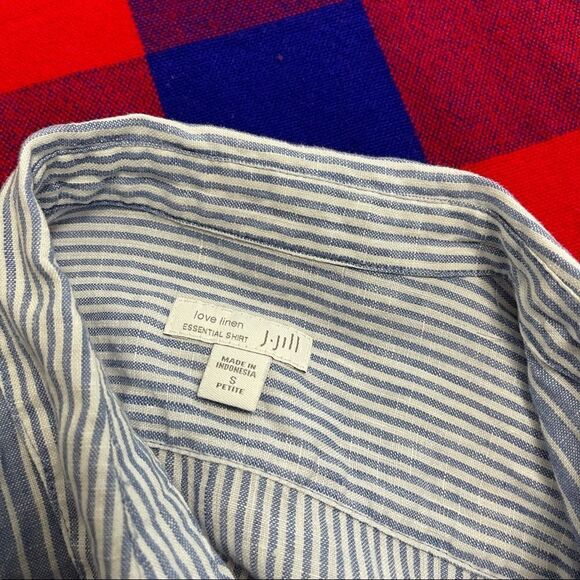 J. Jill Love Linen Blue White Stripe Button Up Shirt Size Small Petite Small - Picture 5 of 11